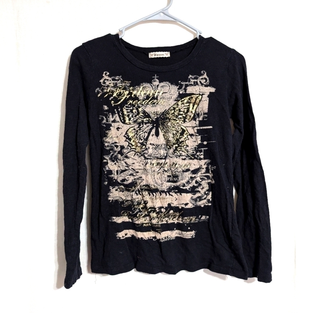 Forever Black Long Sleeve Tee Tan Gold Front Graphic Design Size Medium